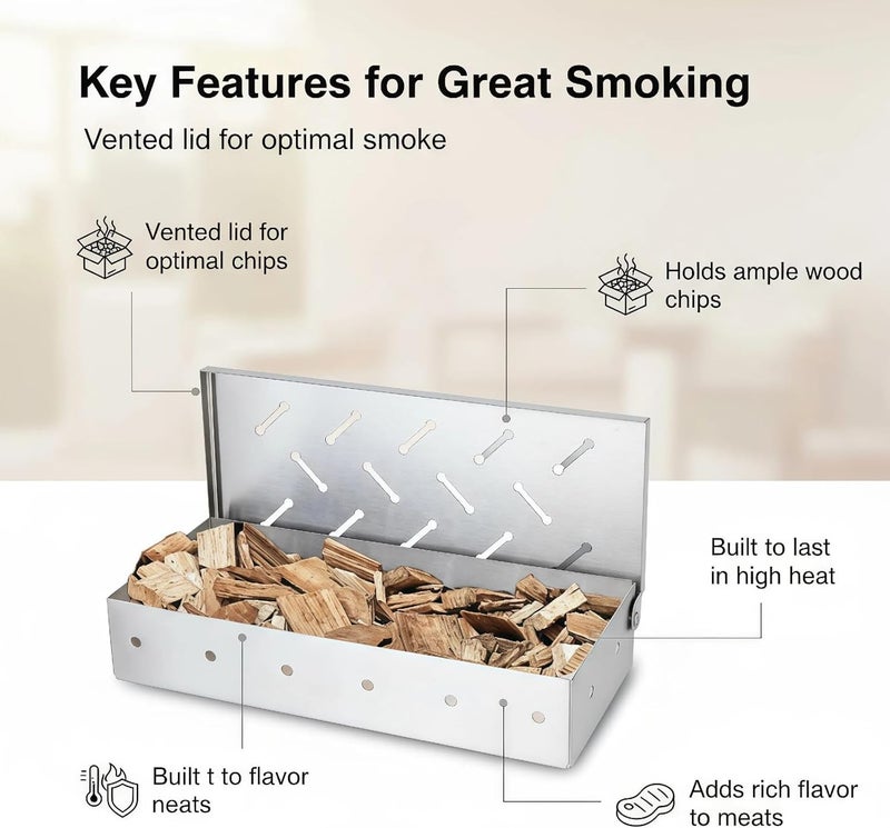 Fving Smoker Box for Gas Grill,Wood Chip Stainless Steel Pellet Smoke Box for All Grills Oven,Hinged Lid, Heavy Duty BBQ Accessories Party Gift for Dad Men Barbecue Outdoor - Image 2